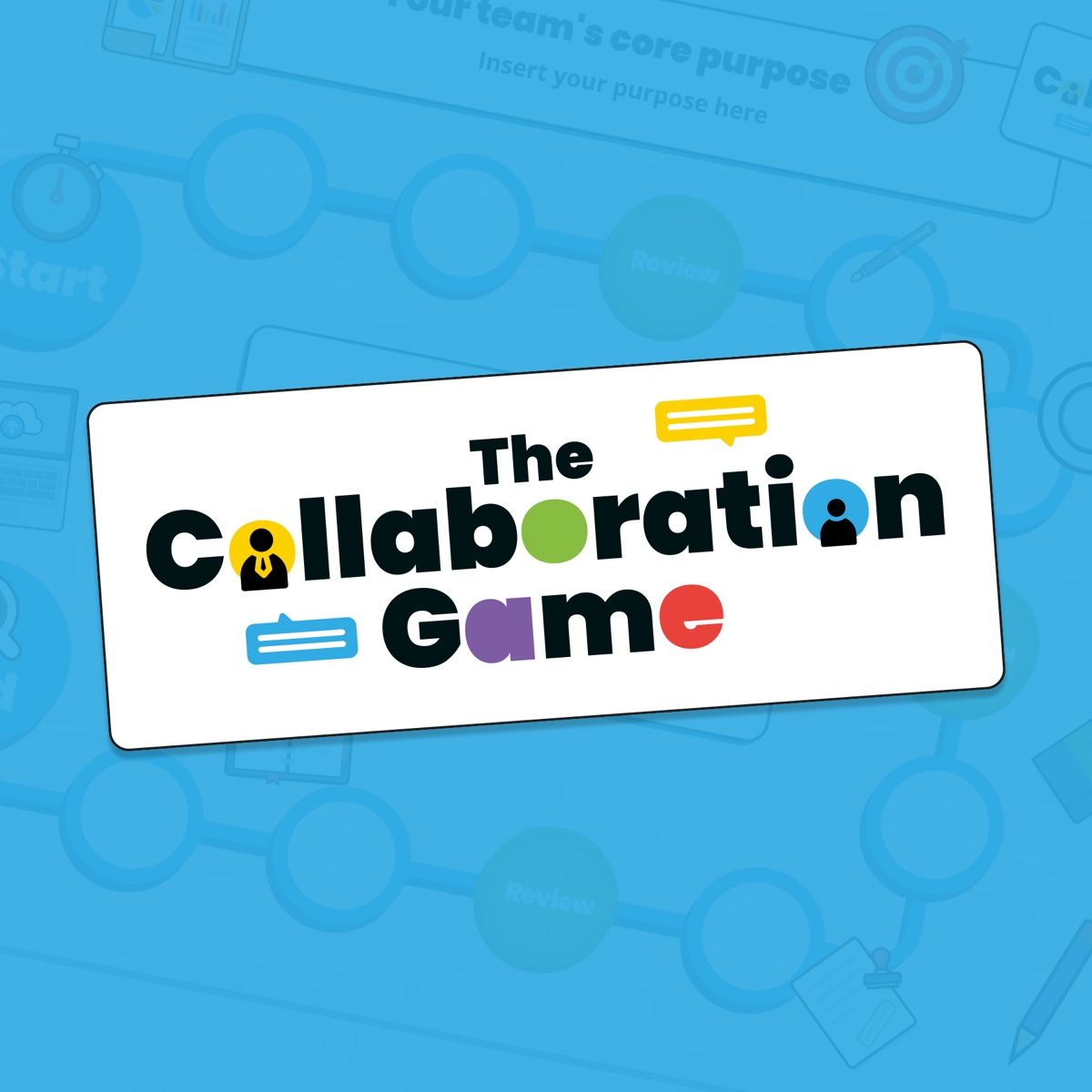 The Collaboration Game logo — playful speech-bubble wordmark in bold primary colours on a blue game-board background