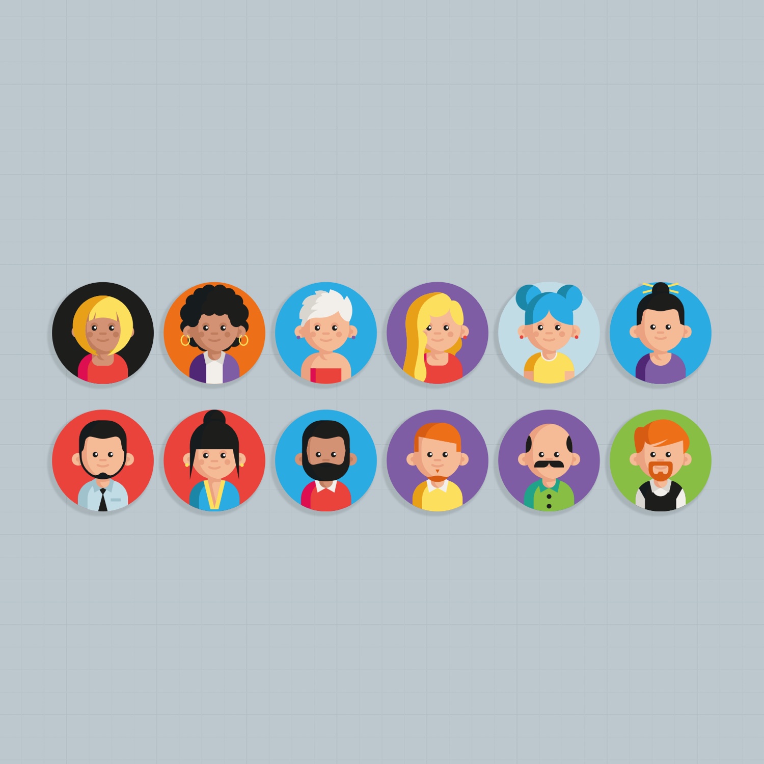 Twelve illustrated player character avatars for The Collaboration Game — a diverse set of faces in bright circular badges